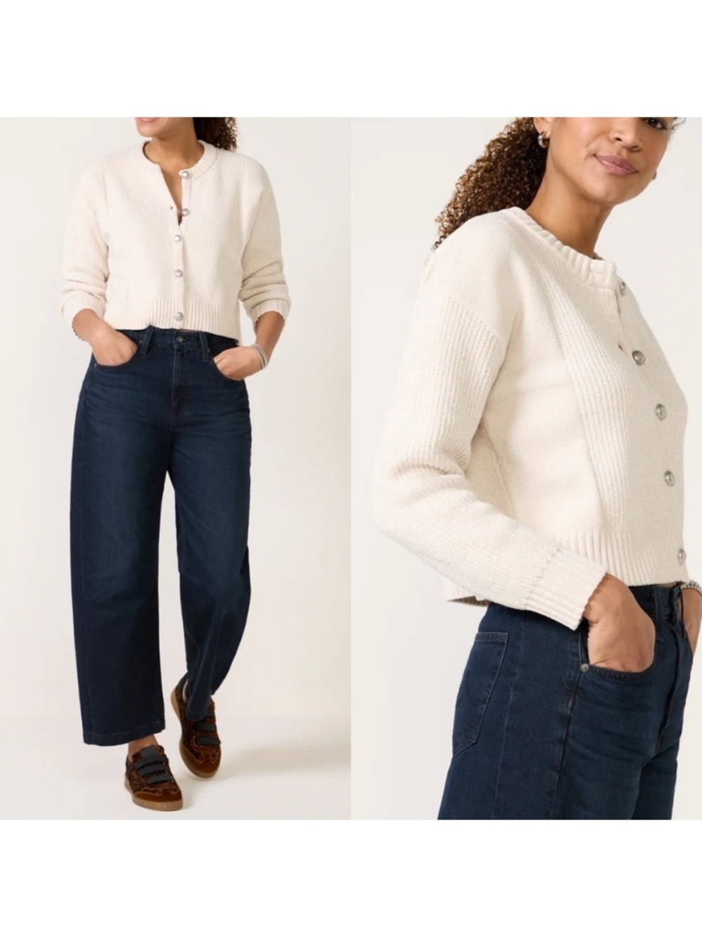 Evereve Ivory Plush Crop Tori Chenille Crew Cardigan Size Small